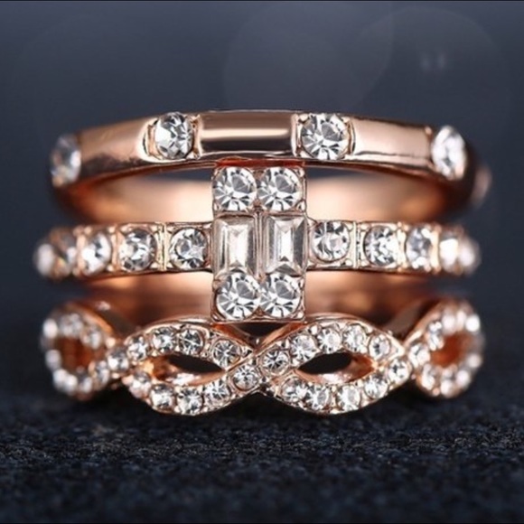 🆕 3 Rose Goldtone & Rhinestone Stack Ring Set-7 - Picture 3 of 6